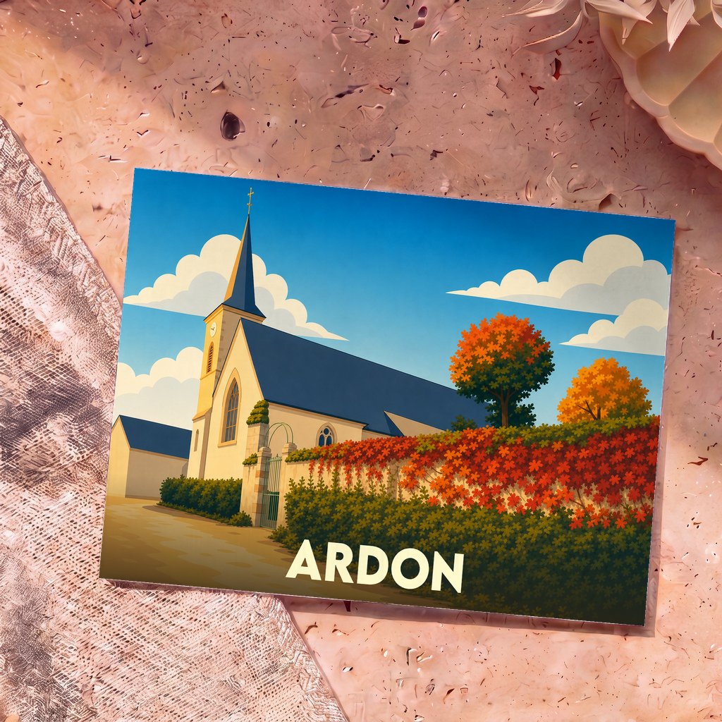 Carte postale souvenir de la ville d'Ardon avec une illustration stylisée de son église en automne.