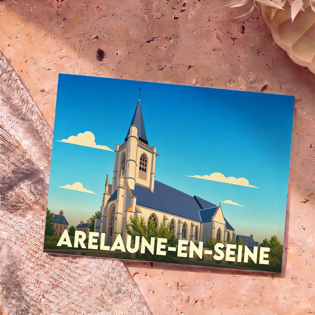 Carte postale souvenir de la ville d'Arelaune-en-Seine illustrant son église dans un style graphique épuré.