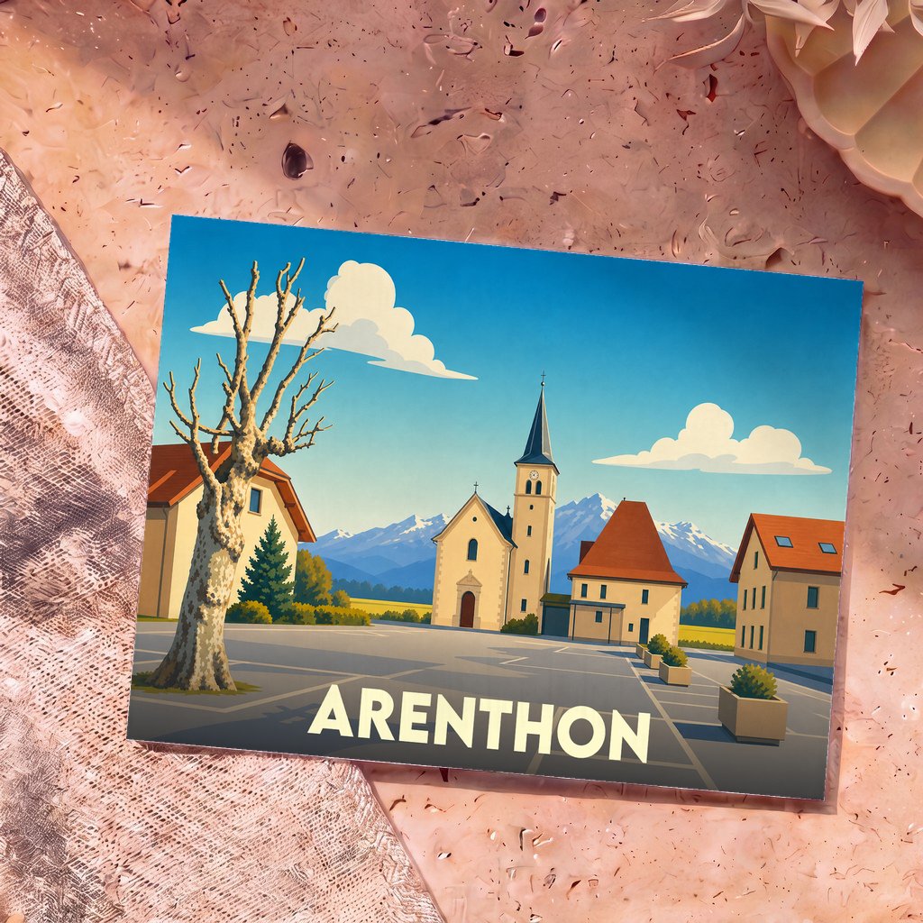 Carte postale souvenir de la ville d'Arenthon présentant une illustration stylisée d'une place de village avec son église devant les montagnes.