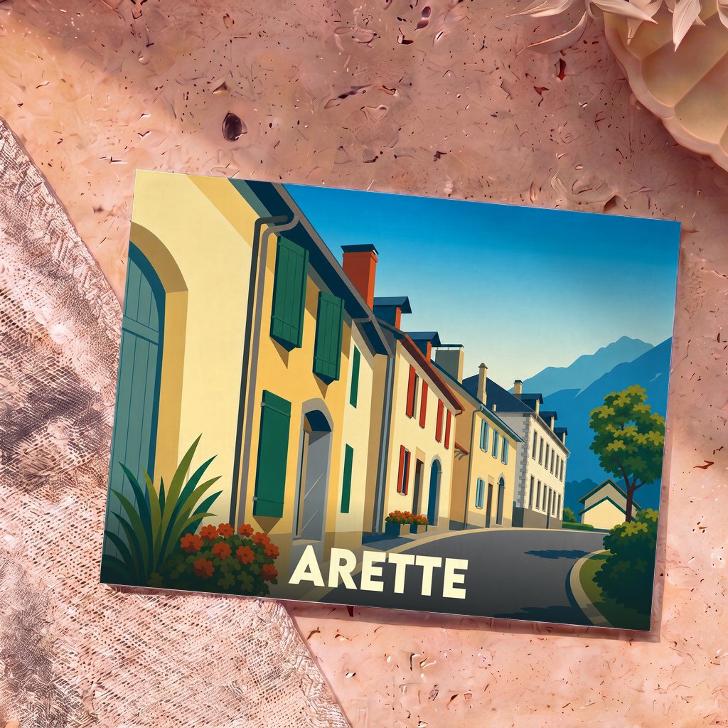 Carte postale souvenir de la ville d'Arette avec une illustration stylisée d'une rue typique et de montagnes.