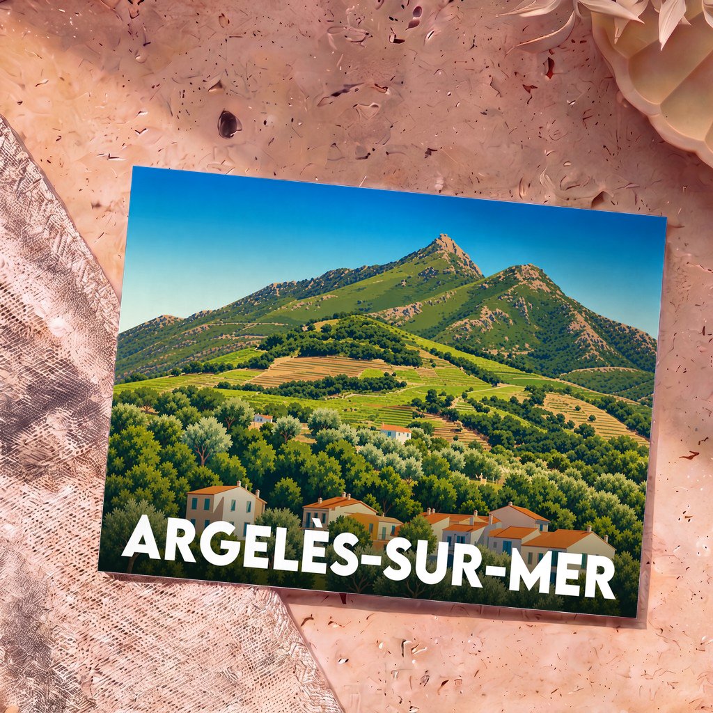 Carte postale souvenir d'Argelès-sur-Mer avec une illustration stylisée de ses paysages de montagnes et de vignobles.