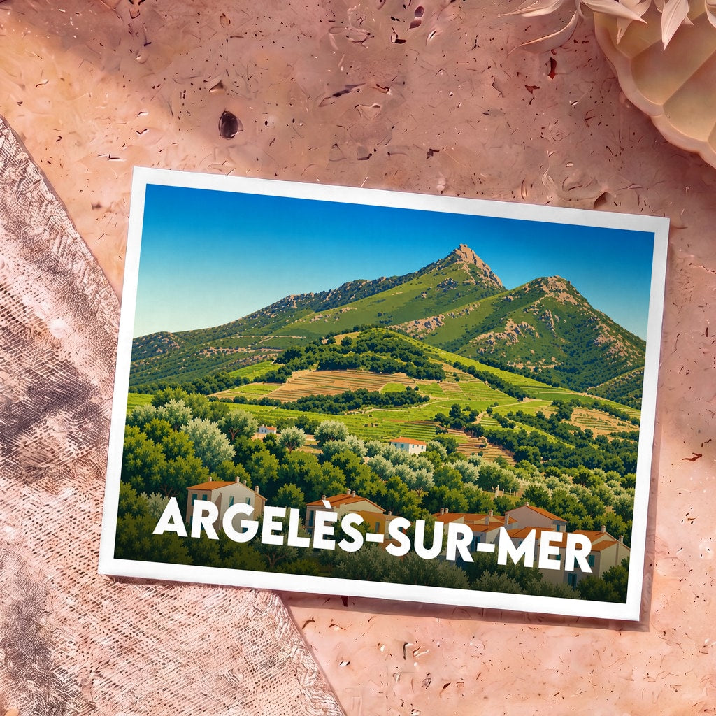 Carte postale souvenir d'Argelès-sur-Mer avec une illustration stylisée de ses paysages de montagnes et de vignobles.