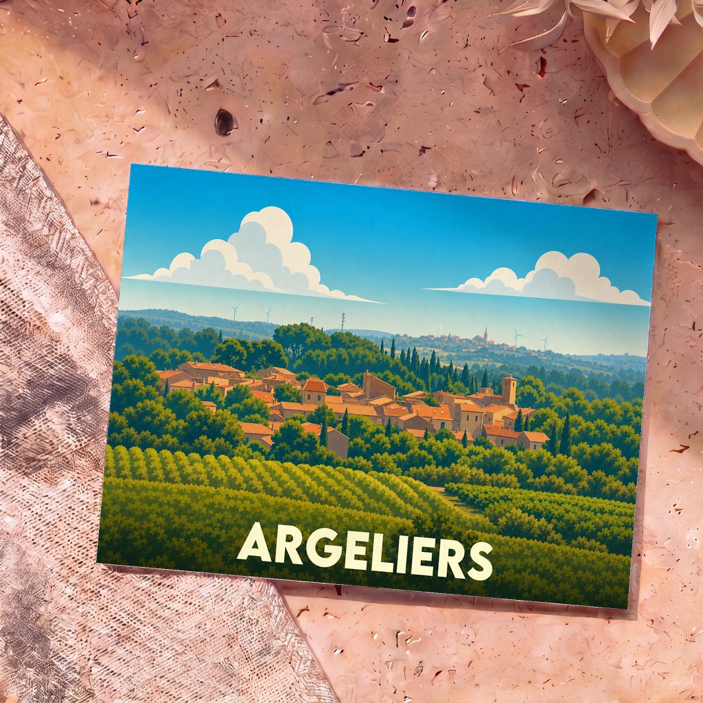 Carte postale souvenir de la ville d'Argeliers avec une illustration stylisée d'un village occitan entouré de vignes.