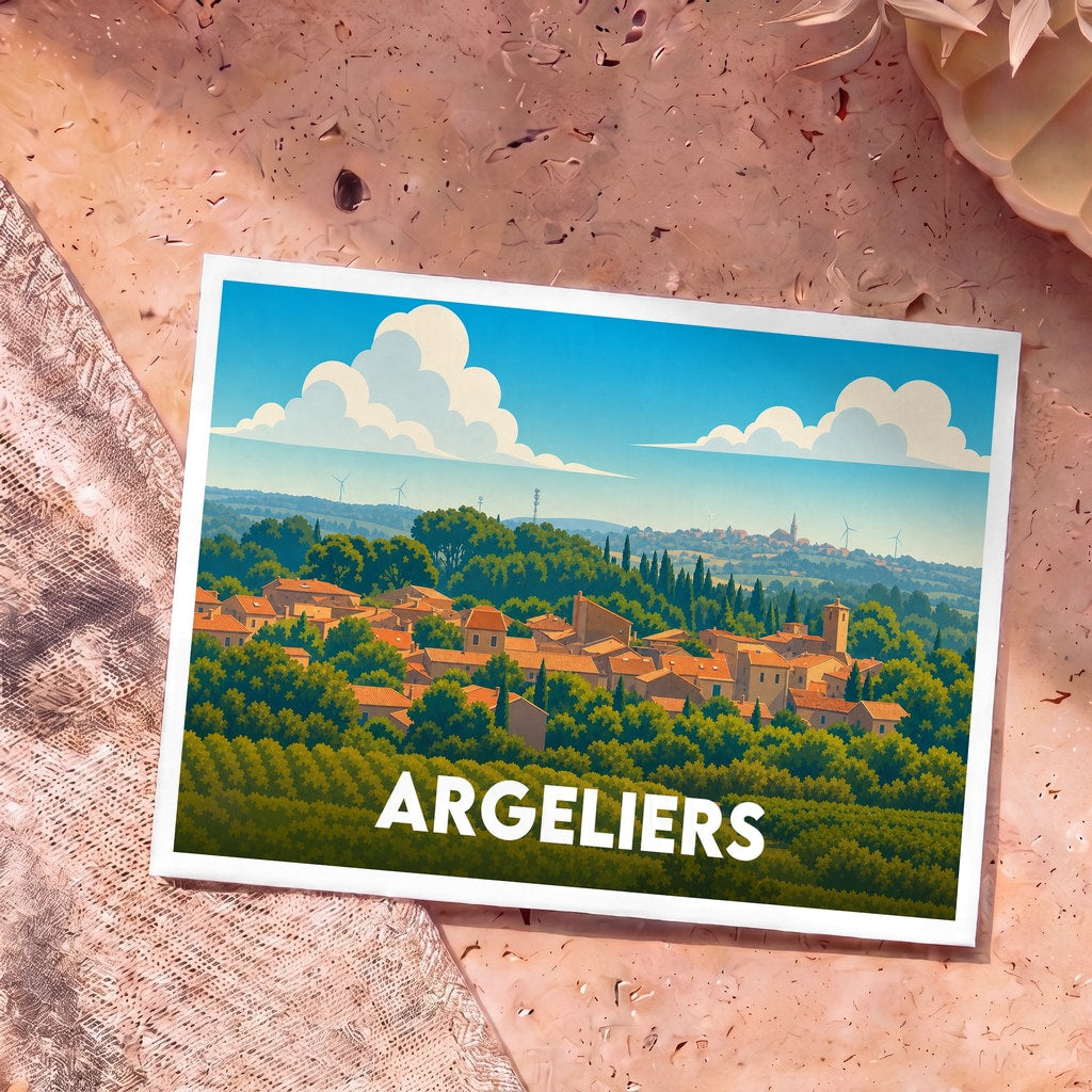 Carte postale souvenir de la ville d'Argeliers avec une illustration stylisée d'un village occitan entouré de vignes.
