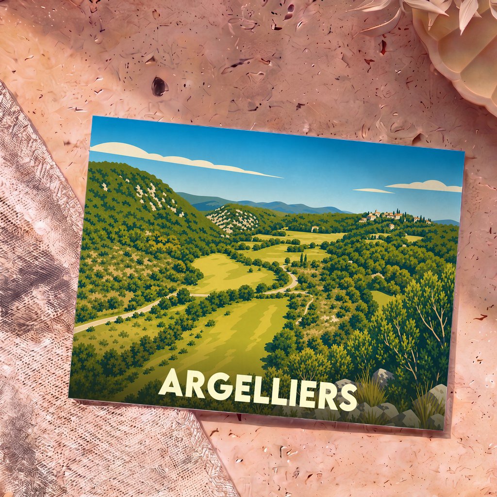Carte postale souvenir de la ville d'Argelliers avec une illustration stylisée d'un paysage de collines verdoyantes.