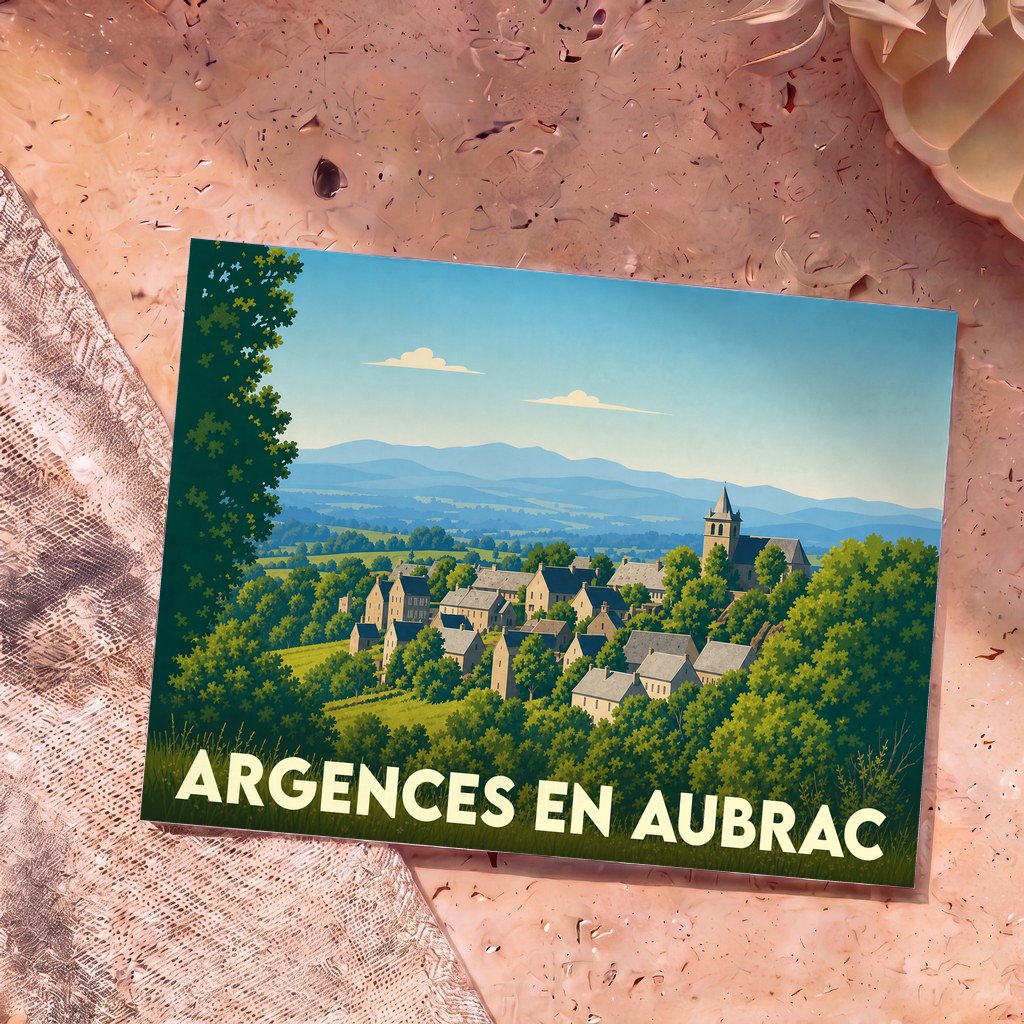 Carte postale souvenir de la ville d'Argences en Aubrac avec une illustration stylisée de son paysage vallonné.