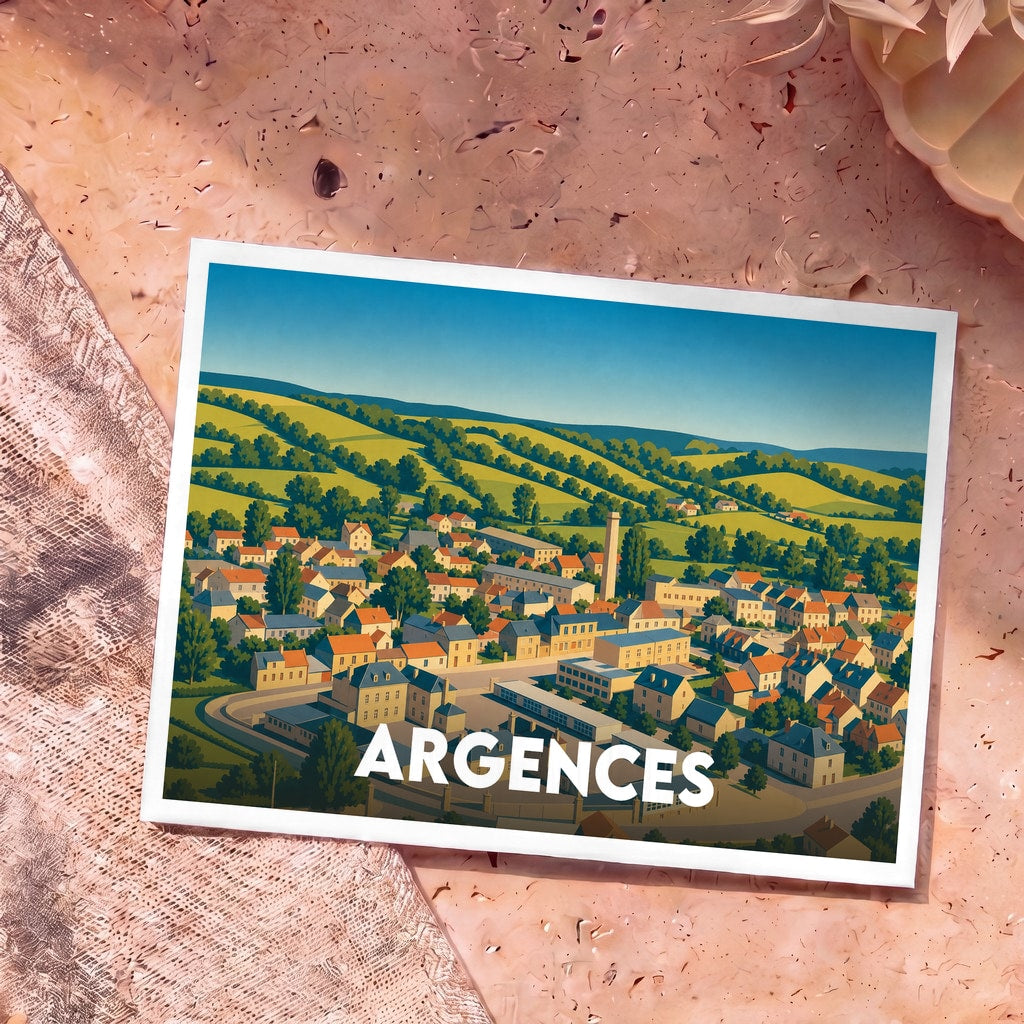 Carte postale souvenir de la ville d'Argences avec une illustration stylisée et colorée de la commune.
