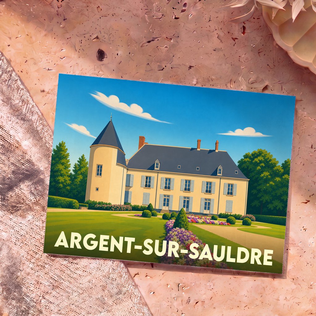 Carte postale souvenir de la ville d'Argent-sur-Sauldre avec une illustration stylisée de son château et de ses jardins.