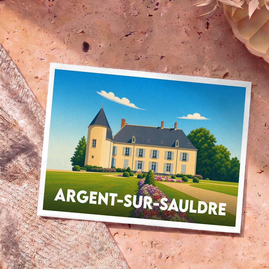 Carte postale souvenir de la ville d'Argent-sur-Sauldre avec une illustration stylisée de son château et de ses jardins.