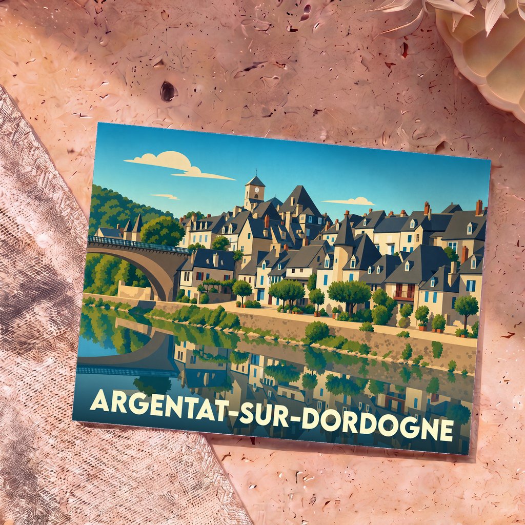 Carte postale souvenir de la ville d'Argentat-sur-Dordogne avec une illustration stylisée des quais et de la rivière.