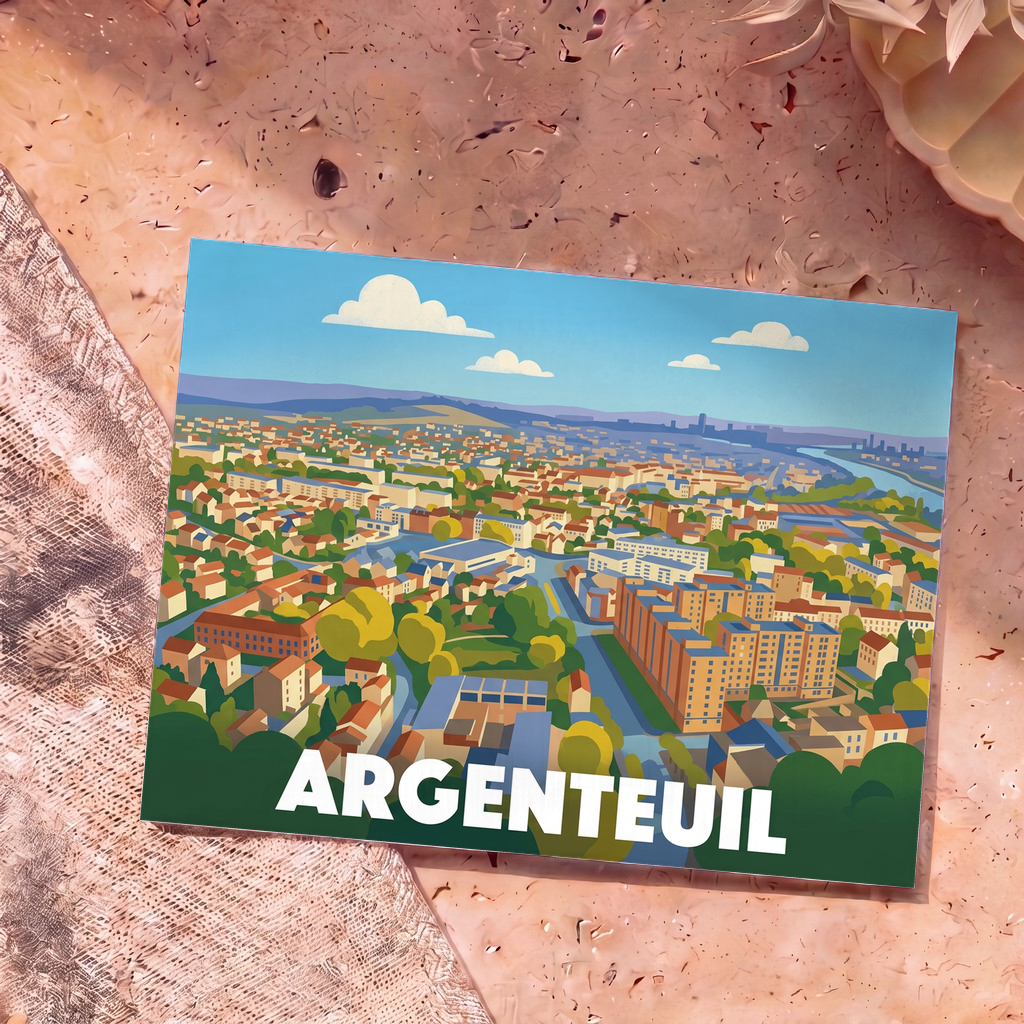 Carte postale souvenir de la ville d'Argenteuil avec une illustration stylisée vue du ciel.