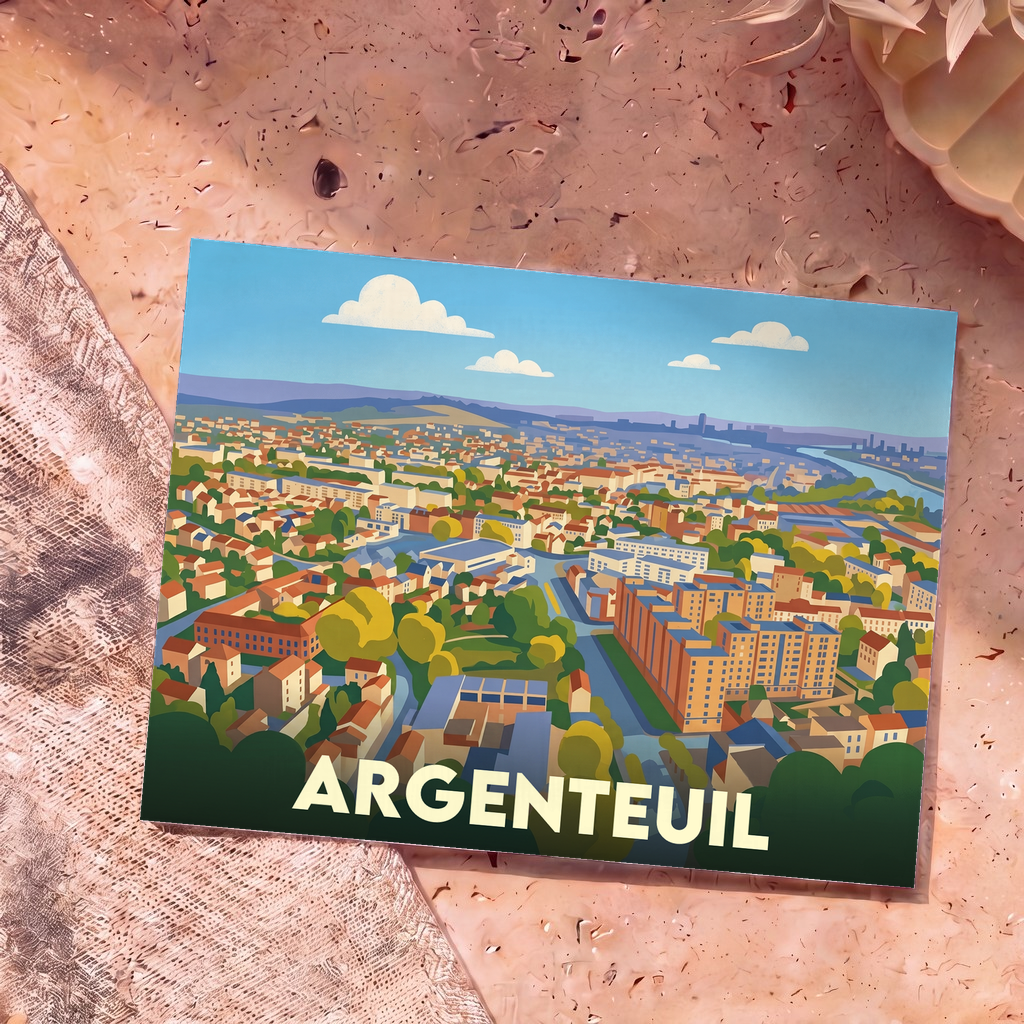 Carte postale souvenir de la ville d'Argenteuil avec une illustration stylisée vue du ciel.