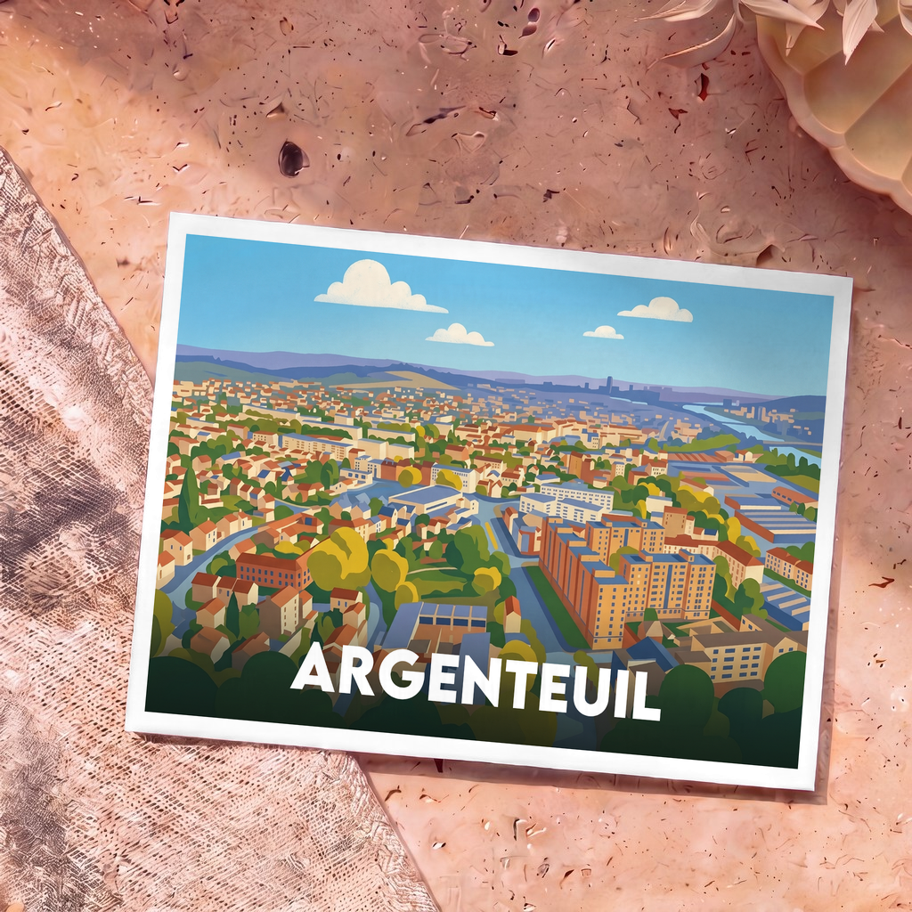 Carte postale souvenir de la ville d'Argenteuil avec une illustration stylisée vue du ciel.
