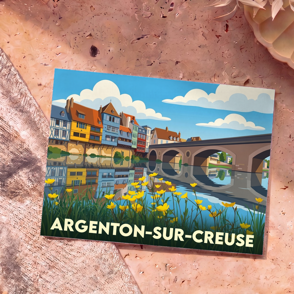 Carte postale souvenir de la ville d'Argenton-sur-Creuse avec une illustration stylisée de ses maisons colorées en bord de rivière.