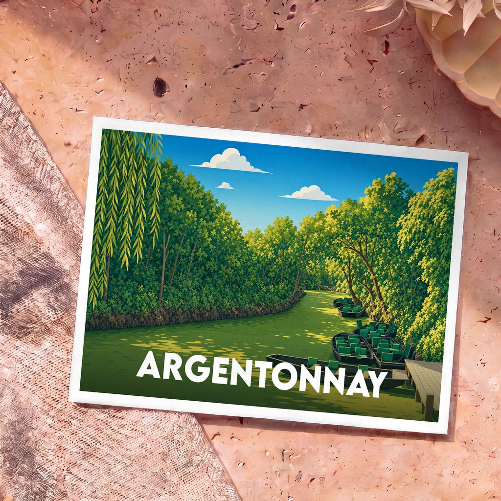 Carte postale souvenir de la ville d'Argentonnay illustrant des barques sur une rivière bordée d'une forêt verdoyante.