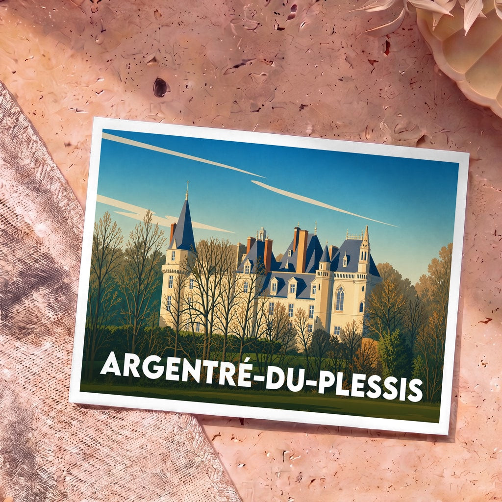 Carte postale souvenir de la ville d'Argentré-du-Plessis avec une illustration stylisée de son château.