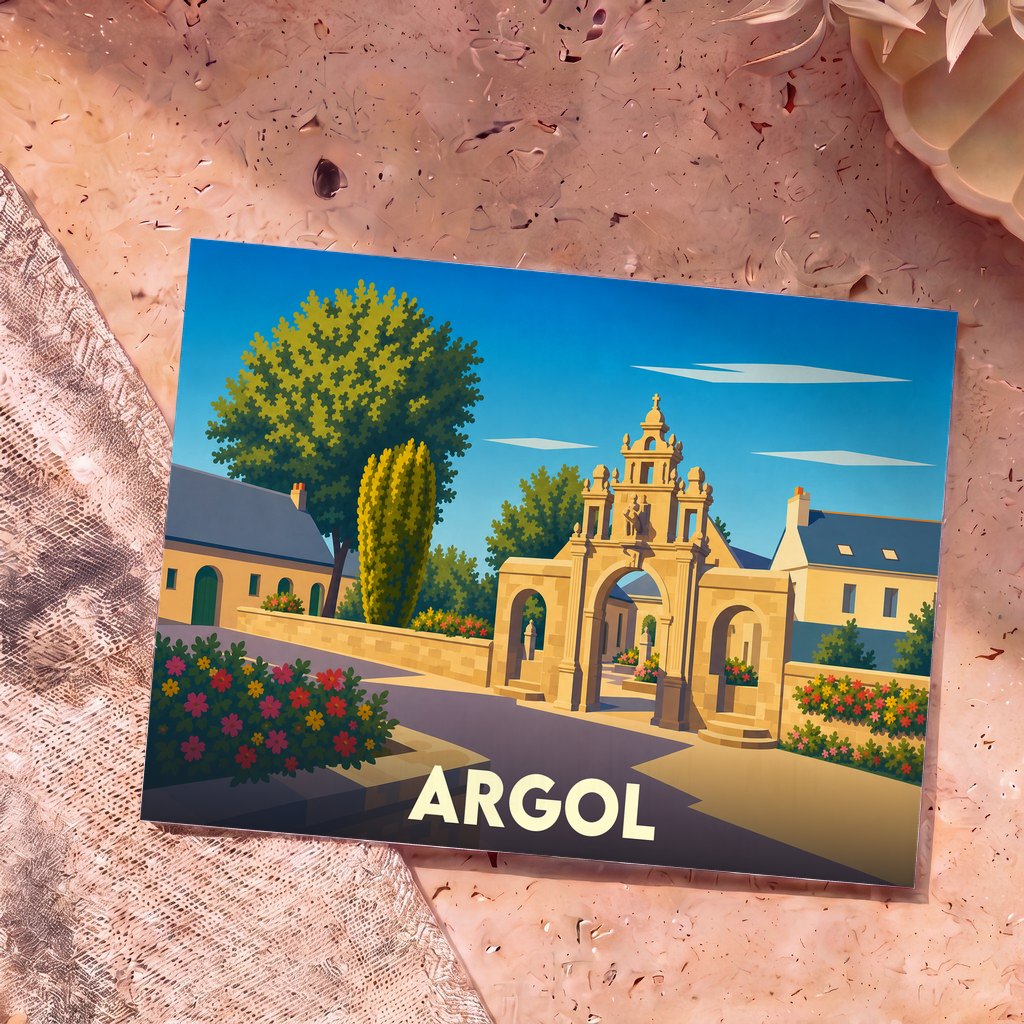 Carte postale souvenir de la ville d'Argol avec une illustration stylisée de son enclos paroissial.