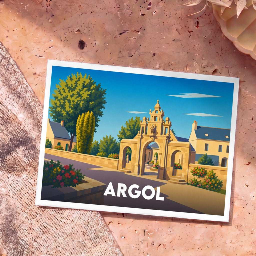 Carte postale souvenir de la ville d'Argol avec une illustration stylisée de son enclos paroissial.