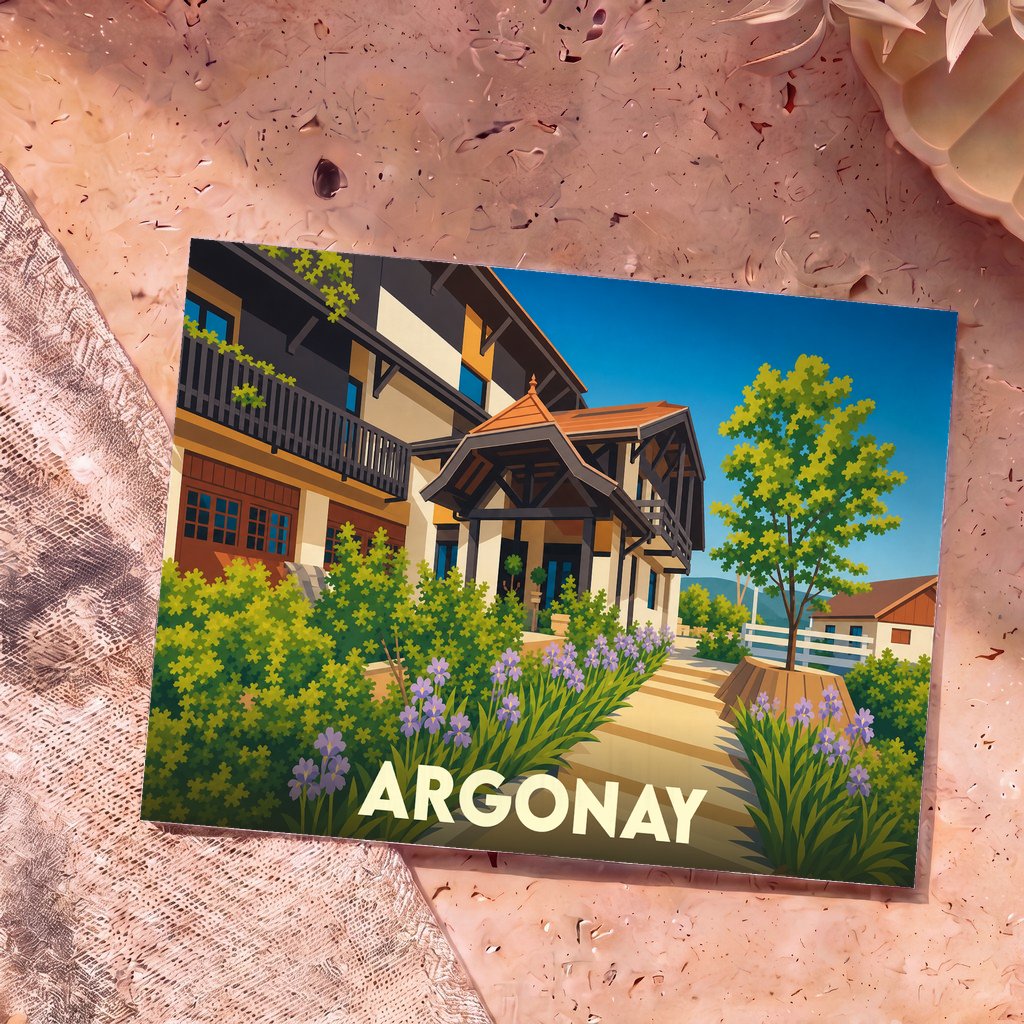 Carte postale souvenir de la ville d'Argonay avec une illustration stylisée d'une maison savoyarde fleurie.