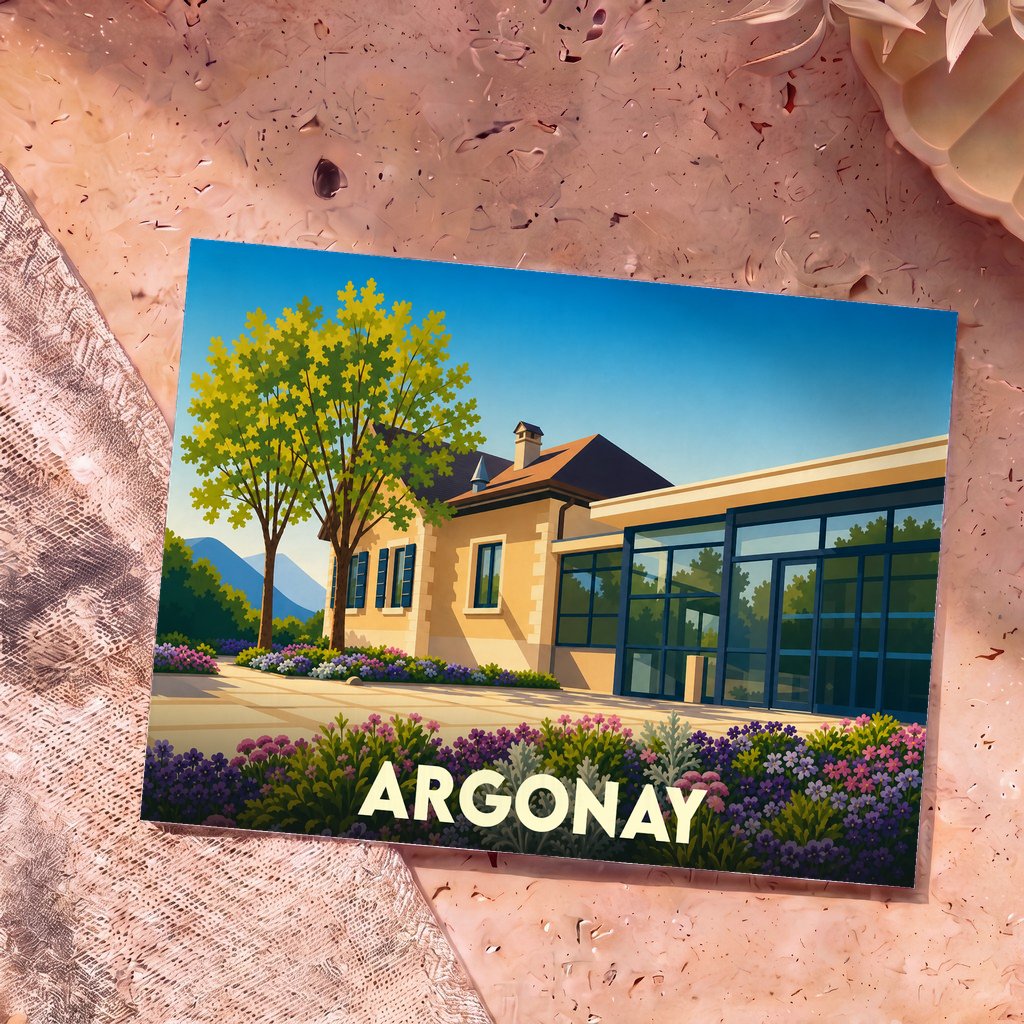 Carte postale souvenir de la ville d'Argonay avec une illustration stylisée d'une maison ensoleillée et son jardin fleuri.
