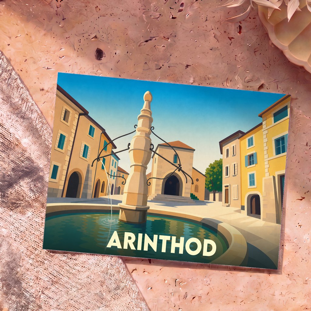 Carte postale souvenir de la ville d'Arinthod illustrant sa place centrale et sa fontaine dans un style graphique épuré.