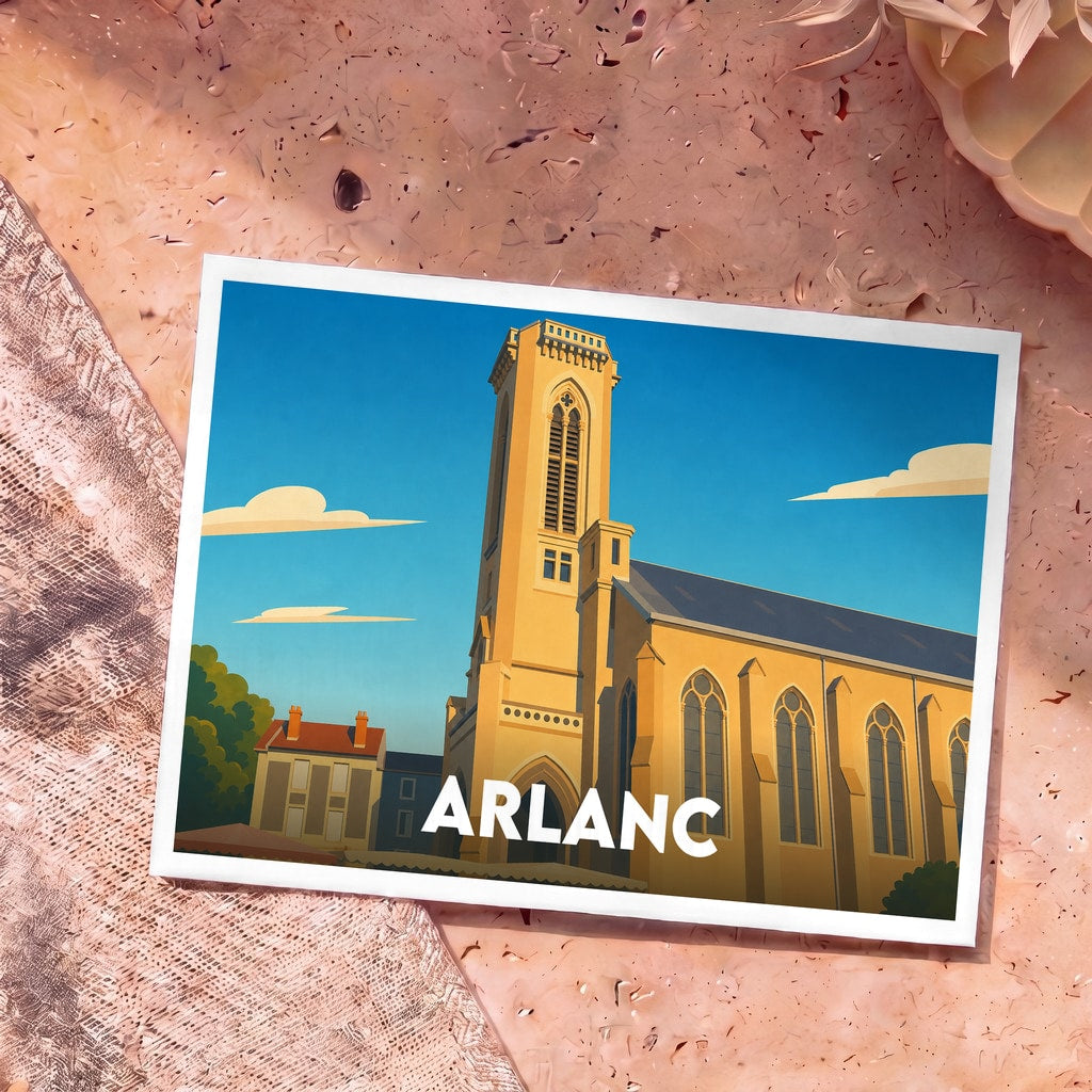 Carte postale souvenir de la ville d'Arlanc illustrant son église dans un style graphique épuré.