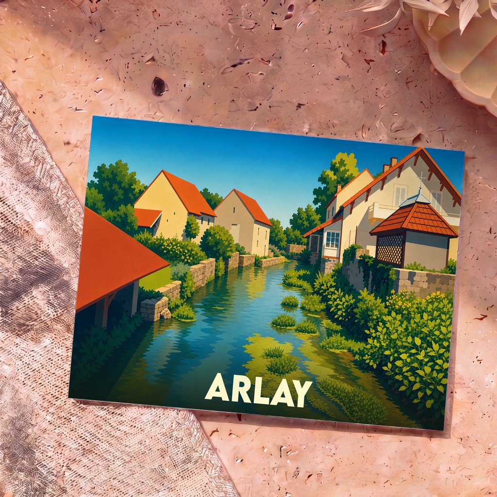Carte postale souvenir de la ville d'Arlay illustrant un canal bordé de maisons pittoresques dans un style graphique épuré.