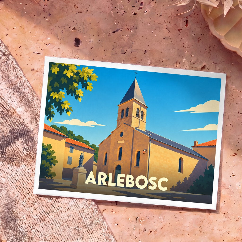 Carte postale souvenir de la ville d'Arlebosc avec une illustration stylisée de son église sous un ciel bleu.