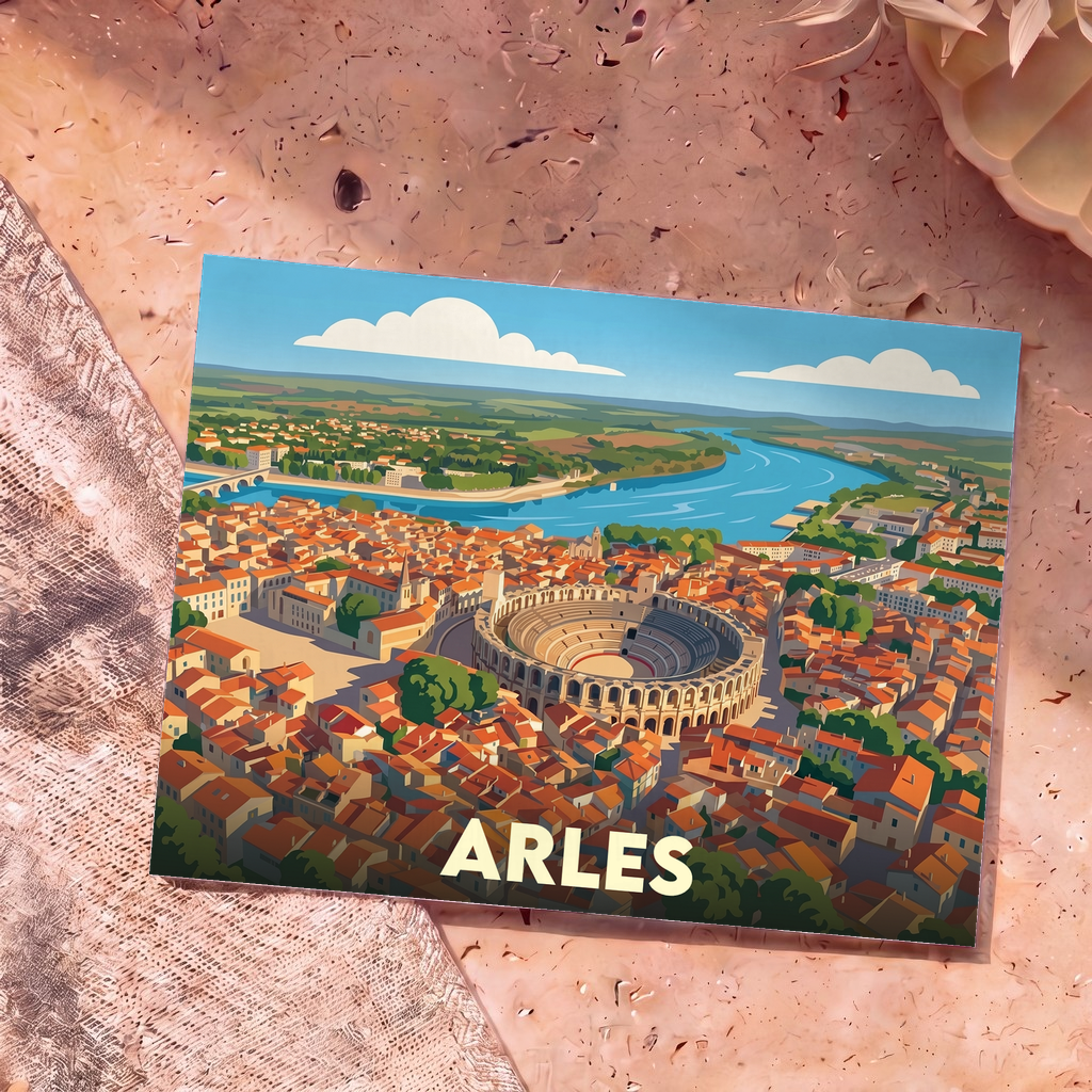 Carte postale souvenir de la ville d'Arles avec une illustration stylisée de ses arènes romaines et du Rhône.