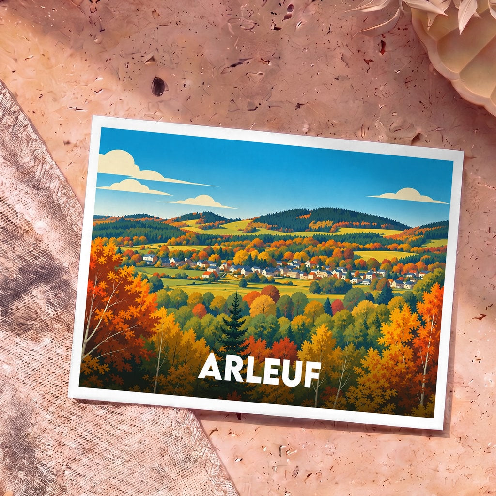 Carte postale souvenir de la ville d'Arleuf avec une illustration stylisée d'un paysage automnal.