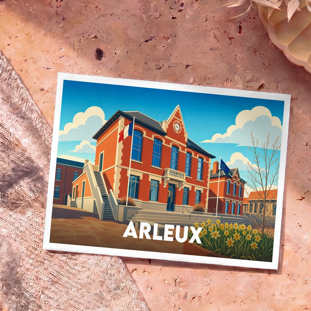 Carte postale souvenir de la ville d'Arleux présentant une illustration stylisée de son hôtel de ville.