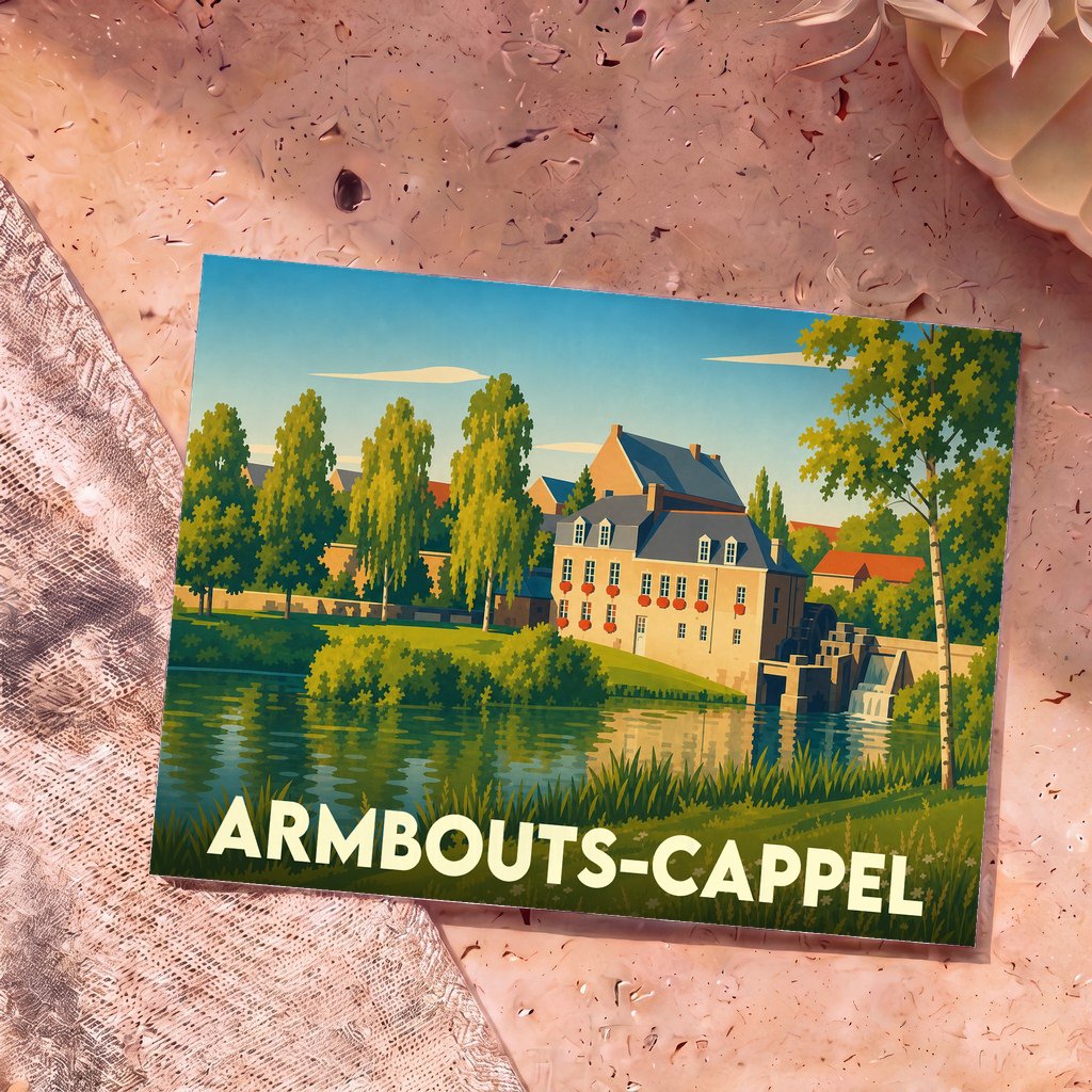 Carte postale souvenir de la ville d'Armbouts-Cappel avec une illustration stylisée d'un moulin au bord de l'eau.