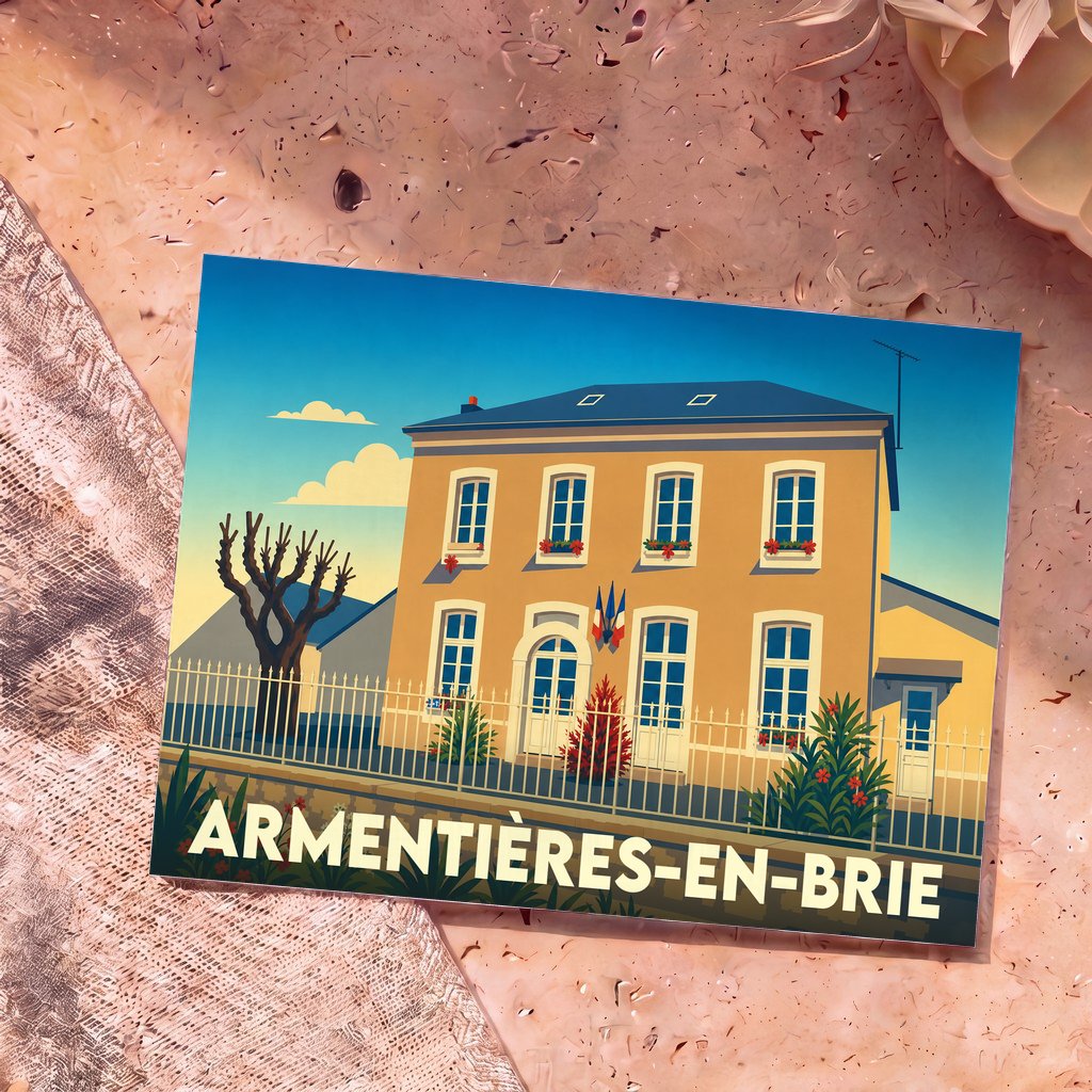 Carte postale souvenir de la ville d'Armentières-en-Brie avec une illustration stylisée de sa mairie.