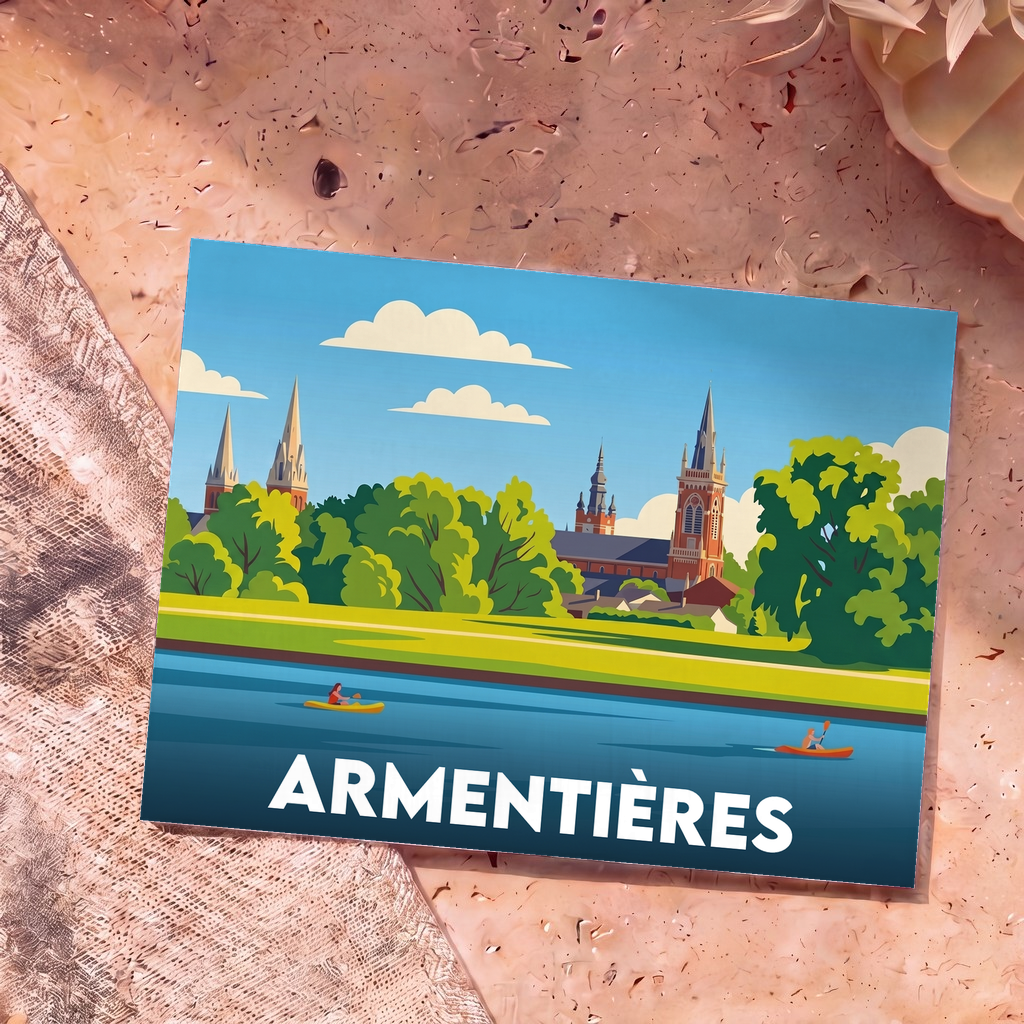 Carte postale souvenir de la ville d'Armentières avec une illustration stylisée de son patrimoine au bord de l'eau.