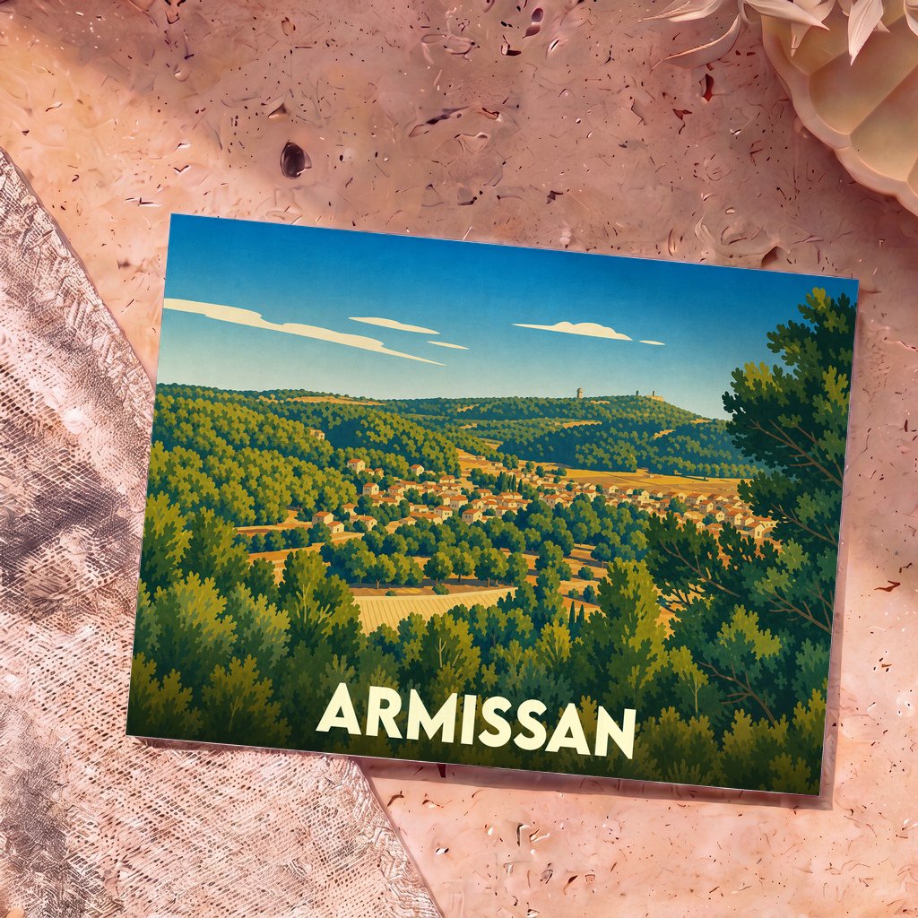 Carte postale souvenir de la ville d'Armissan arborant une illustration stylisée et verdoyante du village niché dans la vallée.