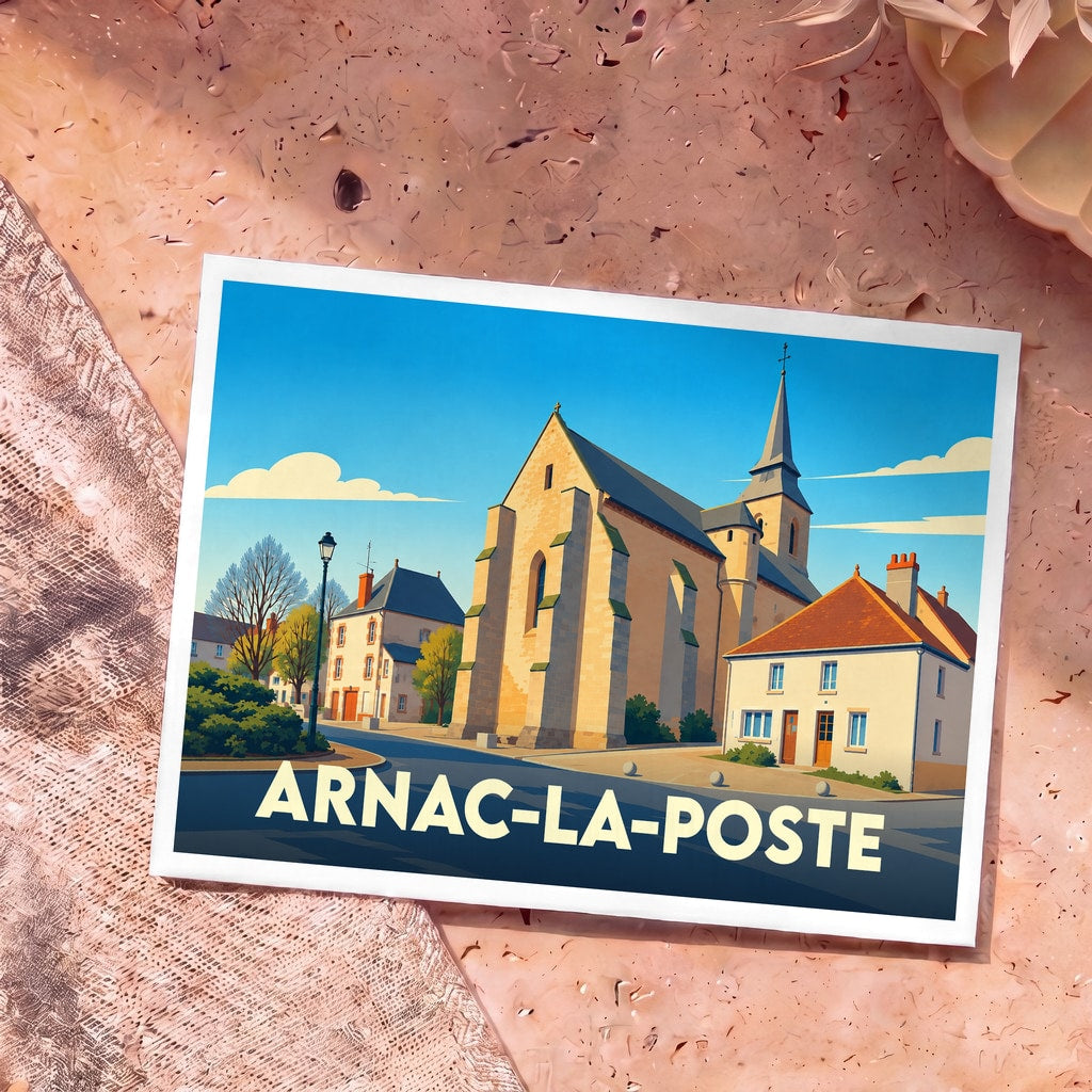 Carte postale souvenir de la ville d'Arnac-la-Poste avec une illustration stylisée de son église et de ses maisons.