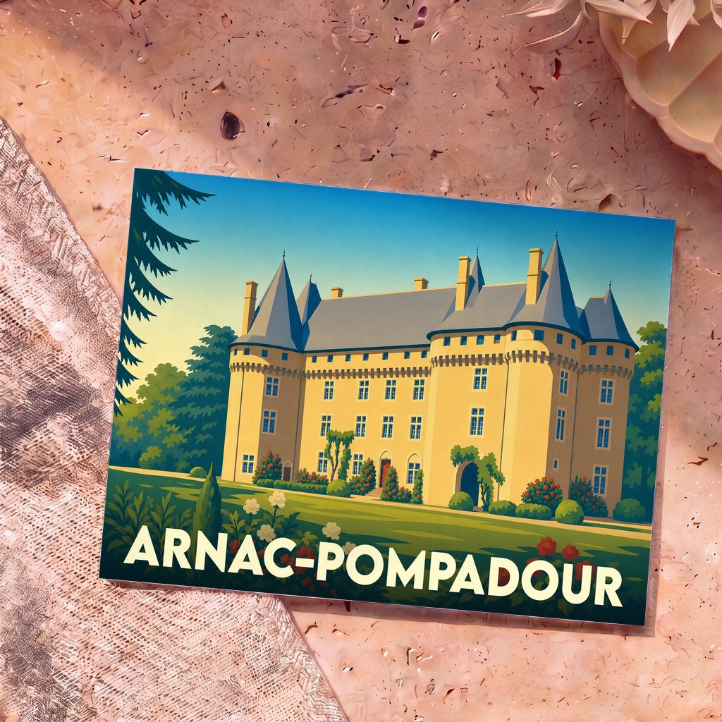 Carte postale souvenir de la ville d'Arnac-Pompadour avec une illustration stylisée de son château.