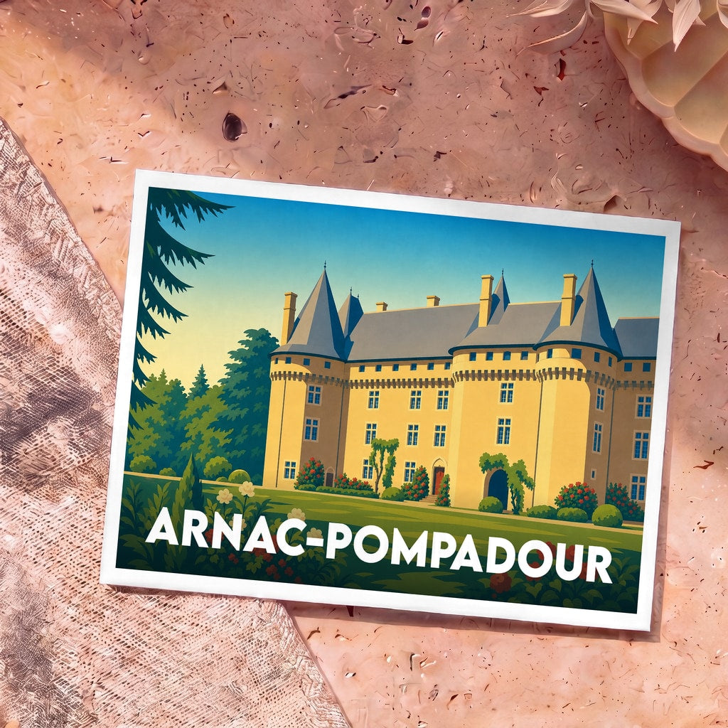 Carte postale souvenir de la ville d'Arnac-Pompadour avec une illustration stylisée de son château.