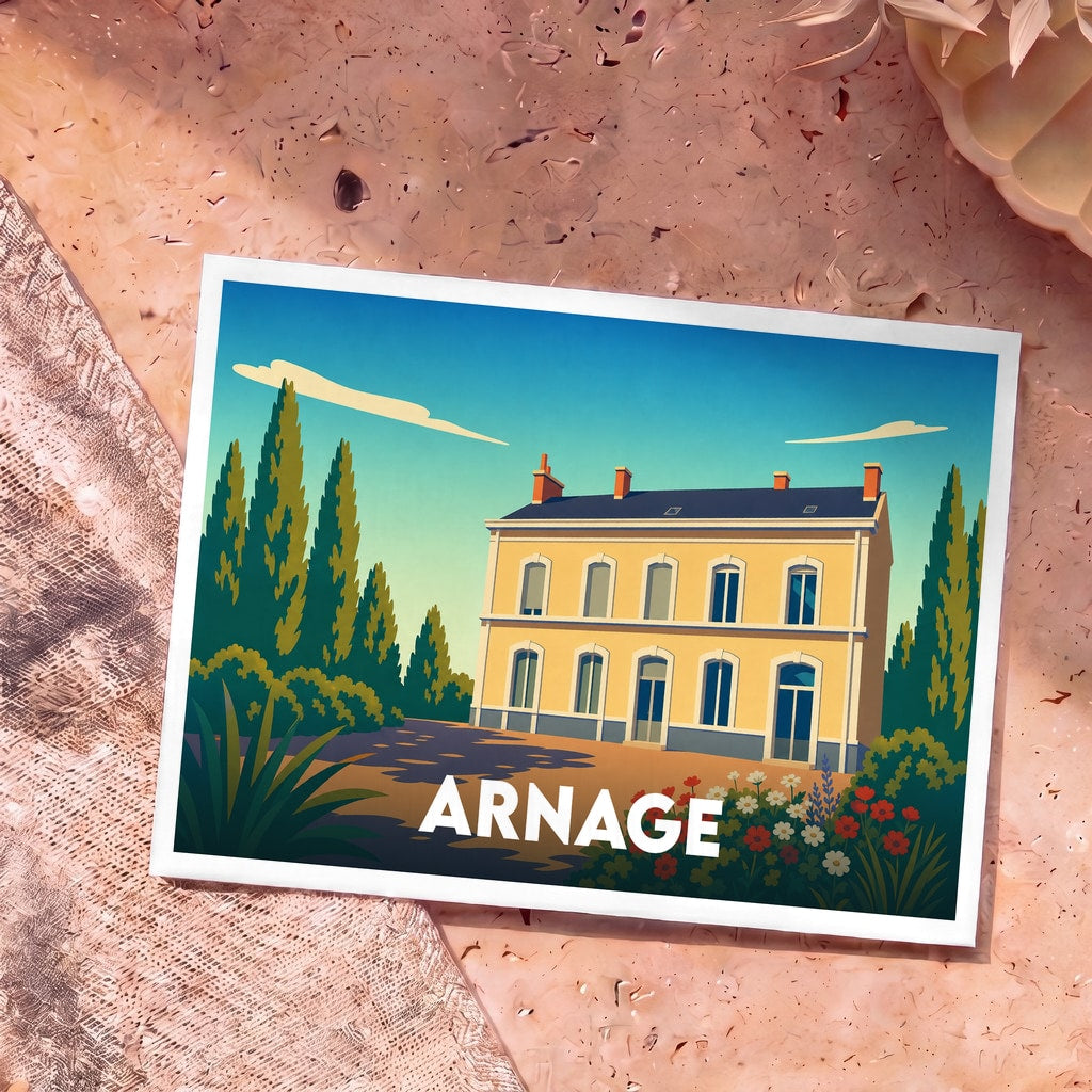 Carte postale souvenir de la ville d'Arnage avec une illustration stylisée d'une grande demeure jaune.