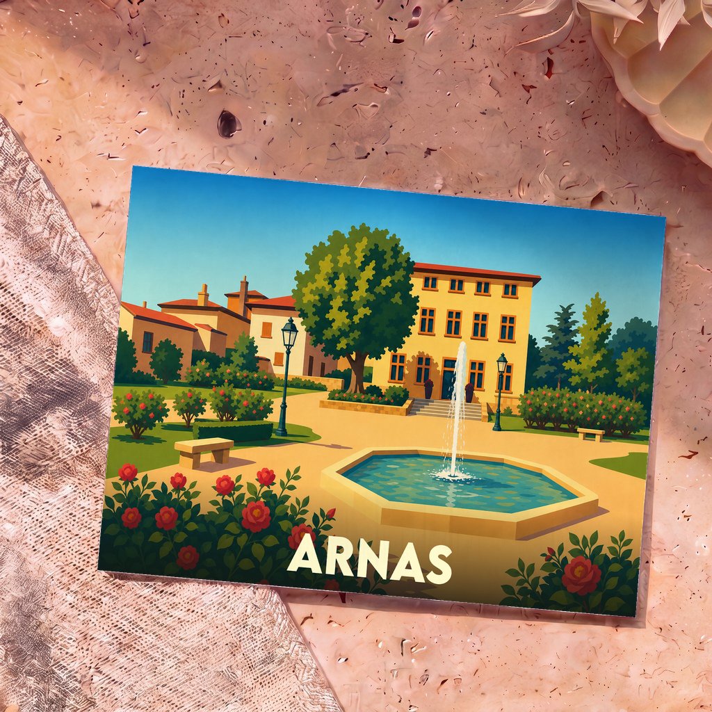 Carte postale souvenir de la ville d'Arnas illustrant une place ensoleillée avec une fontaine et des jardins fleuris.