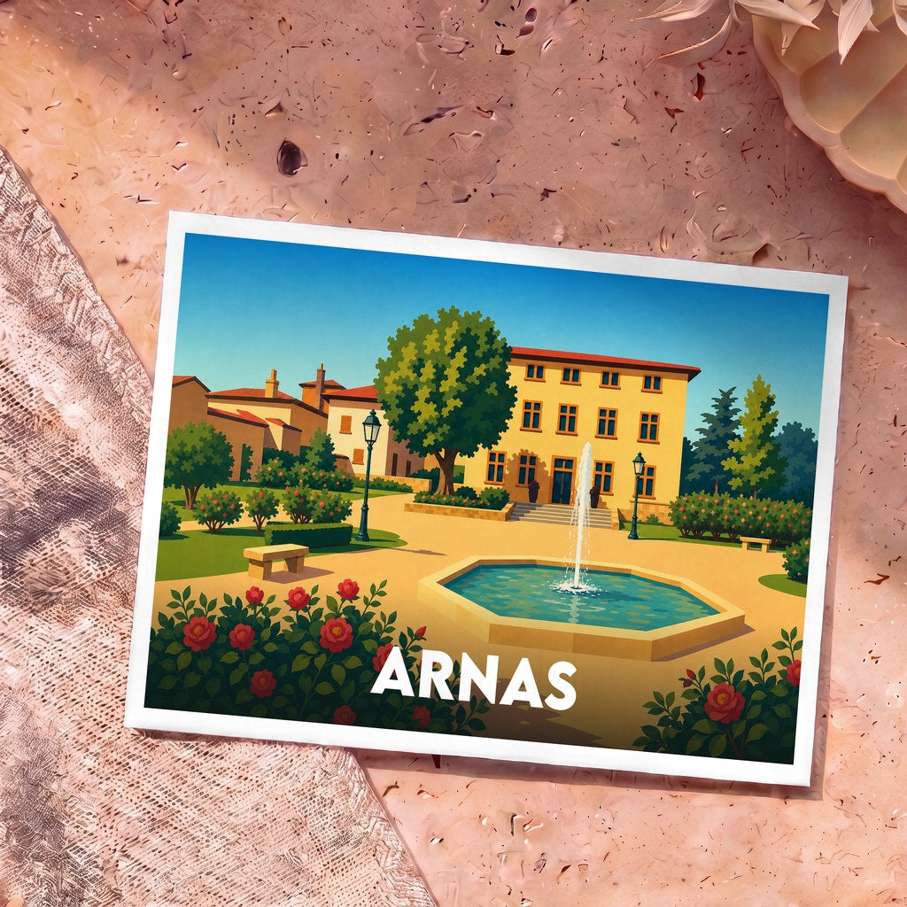Carte postale souvenir de la ville d'Arnas avec une illustration stylisée d'une place fleurie et sa fontaine.