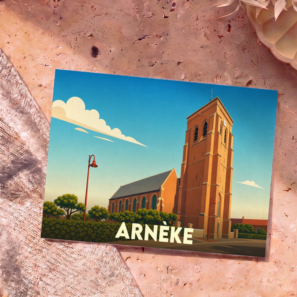 Carte postale souvenir de la ville d'Arnèke présentant une illustration stylisée de son église sous un ciel bleu.