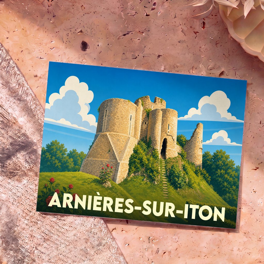 Carte postale souvenir de la ville d'Arnières-sur-Iton illustrant les ruines d'un château médiéval dans un style graphique épuré.