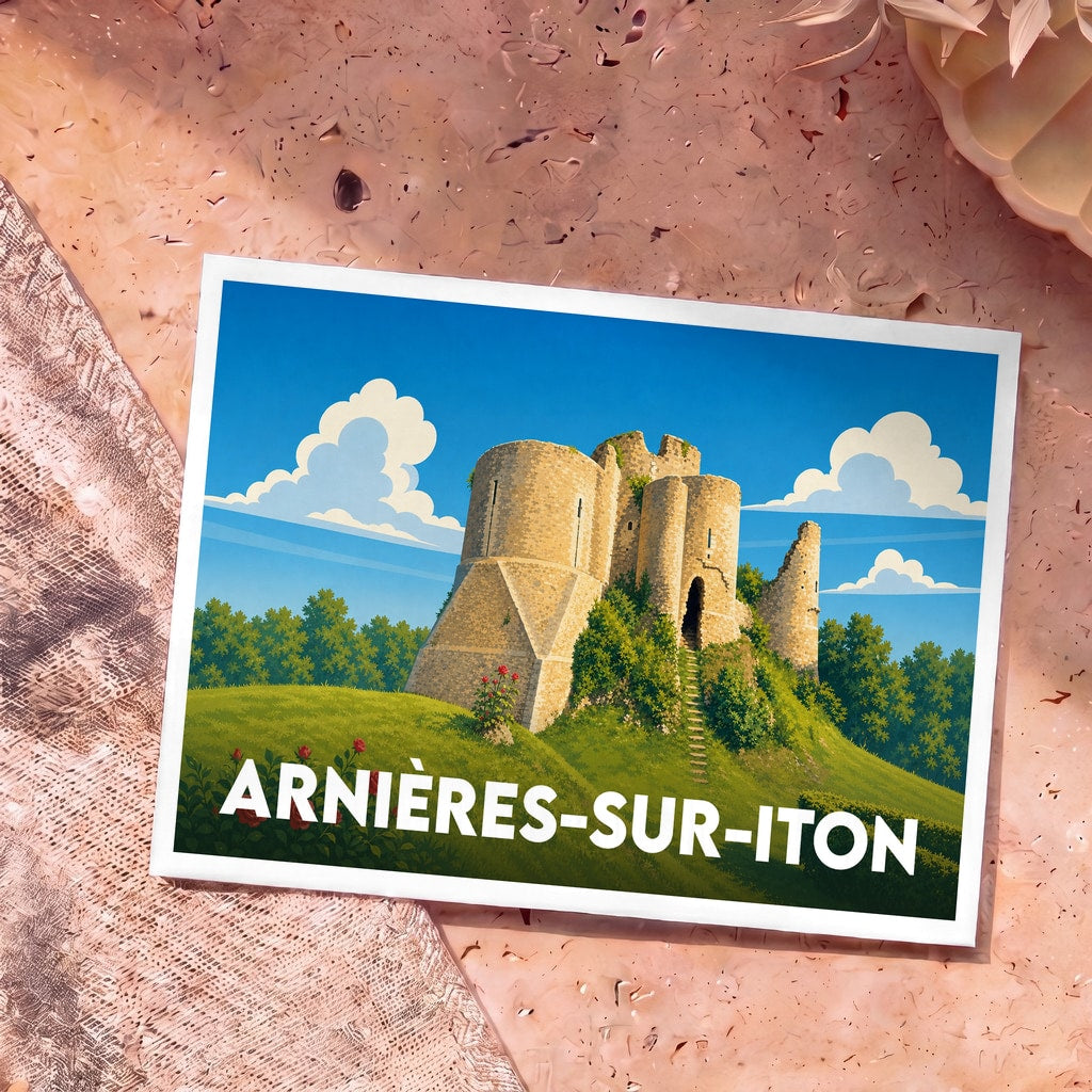 Carte postale souvenir de la ville d'Arnières-sur-Iton illustrant les ruines d'un château médiéval dans un style graphique épuré.