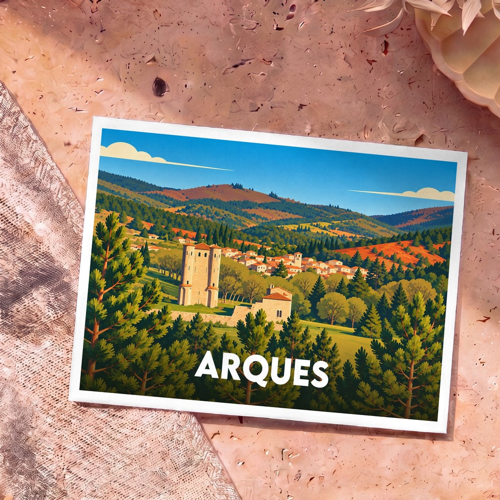 Carte postale souvenir de la ville d'Arques avec une illustration stylisée du château et du village nichés dans la vallée.