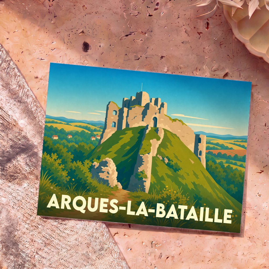 Carte postale souvenir de la ville d'Arques-la-Bataille avec une illustration stylisée de son château en ruines sur une colline verdoyante.
