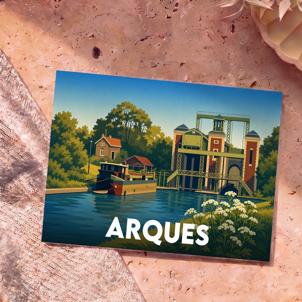 Carte postale souvenir de la ville d'Arques avec une illustration stylisée représentant l'ascenseur à bateaux des Fontinettes.