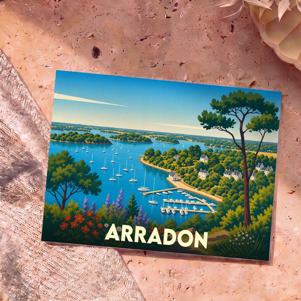 Carte postale souvenir de la ville d'Arradon illustrant une vue aérienne stylisée de son littoral et de son port de plaisance.