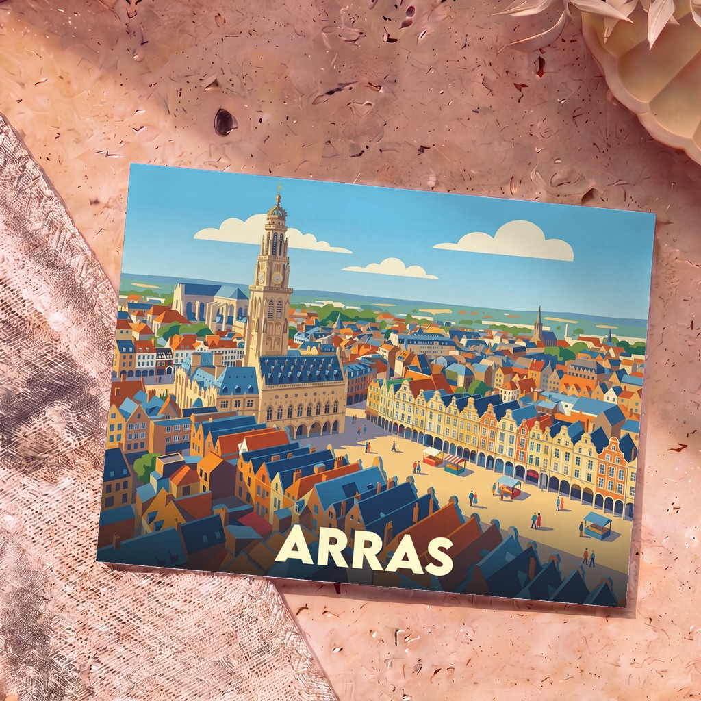 Carte postale souvenir de la ville d'Arras présentant une illustration stylisée et colorée de ses célèbres places et de son beffroi.