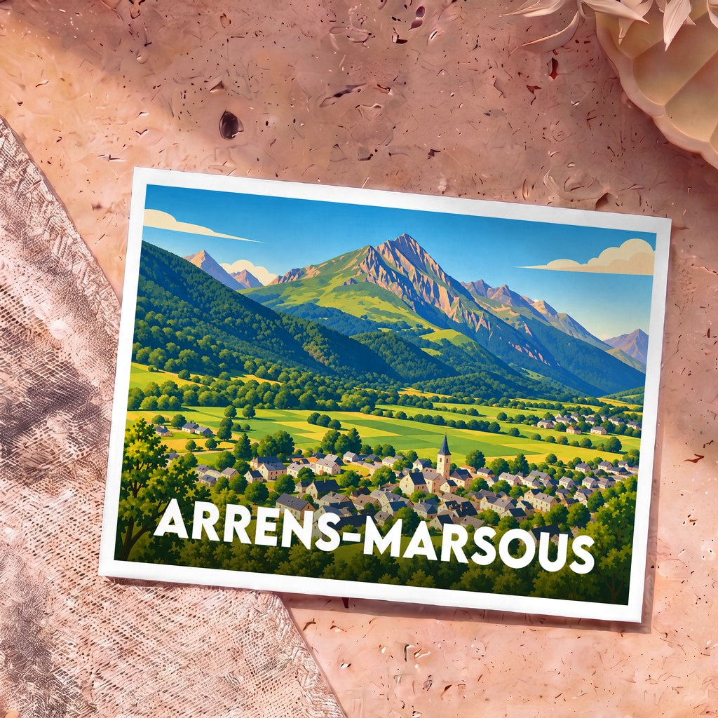 Carte postale souvenir de la ville d'Arrens-Marsous avec une illustration stylisée d'un village de montagne.